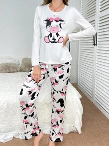 可爱卡通奶牛印花女士睡衣套装，新娘内衣，秋冬服装，舒适优雅细节