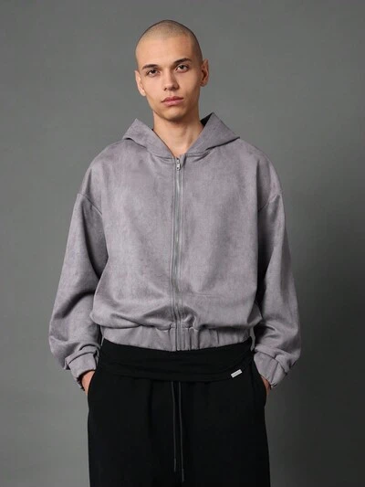 Casual Soft Suede Bomber Style Zip-Up Hoodie