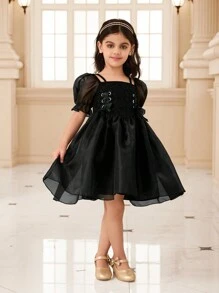 SHEIN Glamorique Kids Young Girl Solid Color Mesh Panel Short Sleeve Casual Dress