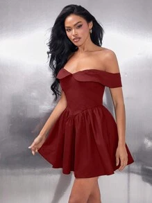 Hauture Valentine's Day Women's Red Elegant Off-Shoulder Burgundy Mini Dress. Casual Wear, Daily Wear, Concerts, Festivals, Party, Evening Event, Office Wear, Business Casual, Formal Women Wear, Outing - Red - View 3