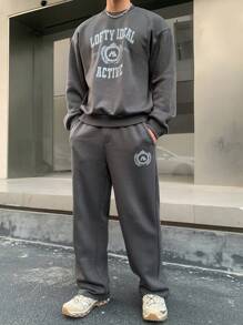 DAZY 2pcs Men's Letter Print Sweatshirt And Straight Leg Sweatpants Set,Fall Clothes