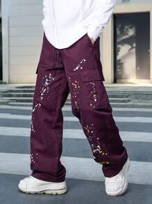 PAVTROS Pantalones casuales anchos de cintura con cordón, con bolsillos de utilidad y estampado de salpicaduras para hombres