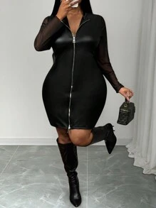 Slaydiva 新年/复活节/西部/假日时尚优雅休闲派对约会女式大码网纱拼接PU长袖修身拉链迷你连衣裙，适合秋冬季穿着 - 黑色 - 查看 4