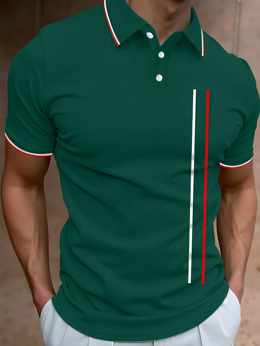 Manfinity Homme 男式纯色拼布前扣短袖休闲 Polo 衫 - 墨綠色 - 查看 1