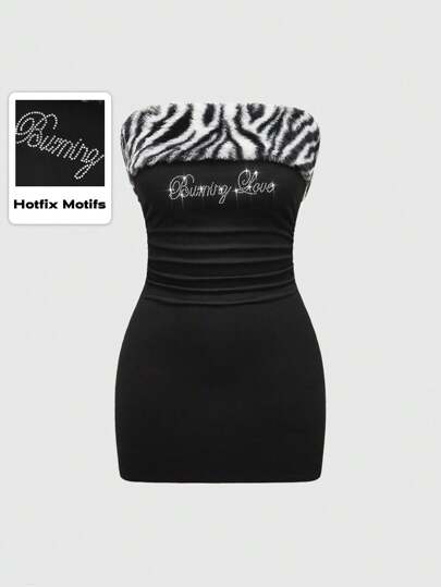 J-Fashion Gyaru Shibuya Subculture Mohair Patchwork Zebra Print Rhinestone Decor Tight Fitted Midi Bodycon Strapless Dress, For Carnival