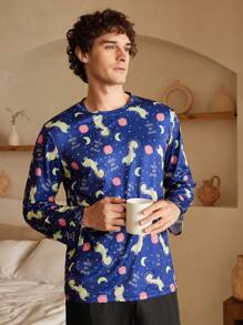 Men's Long Sleeve Casual Pajama Top, Minimalist And Fashion For Daily Wear - Blue - View 4