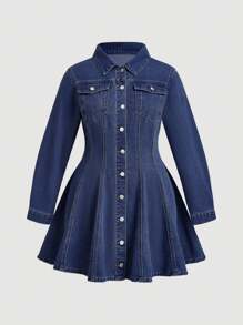 Jeanoix Plus Size Autumn Casual Front-Button Waisted Denim Dress
