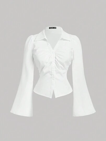 SHEIN MOD Plus Size Women V-Collar Ruffle Flared Sleeve Blouse, Waist Cinched, Long Sleeve Shirt, Clothes, Button Down Blouse, Concert Women, Airport Women's, New Year, Valentine