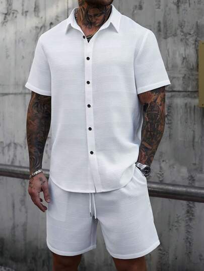 SLATEMANN 男士純色鈕扣襯衫與短褲套裝，度假休閒丈夫便服，男士夏季襯衫套裝，正式