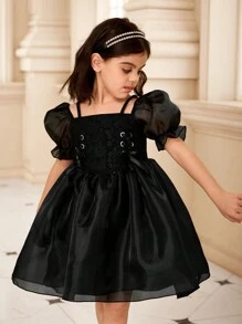 SHEIN Glamorique Kids Young Girl Solid Color Mesh Panel Short Sleeve Casual Dress