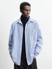 Maija 男士 2025 春季新款蓝色纽扣前衬衫领多功能袖口长袖口袋条纹简约休闲上衣，时尚百搭，适合情人节约会、节日、新年派对、日常休闲、旅行