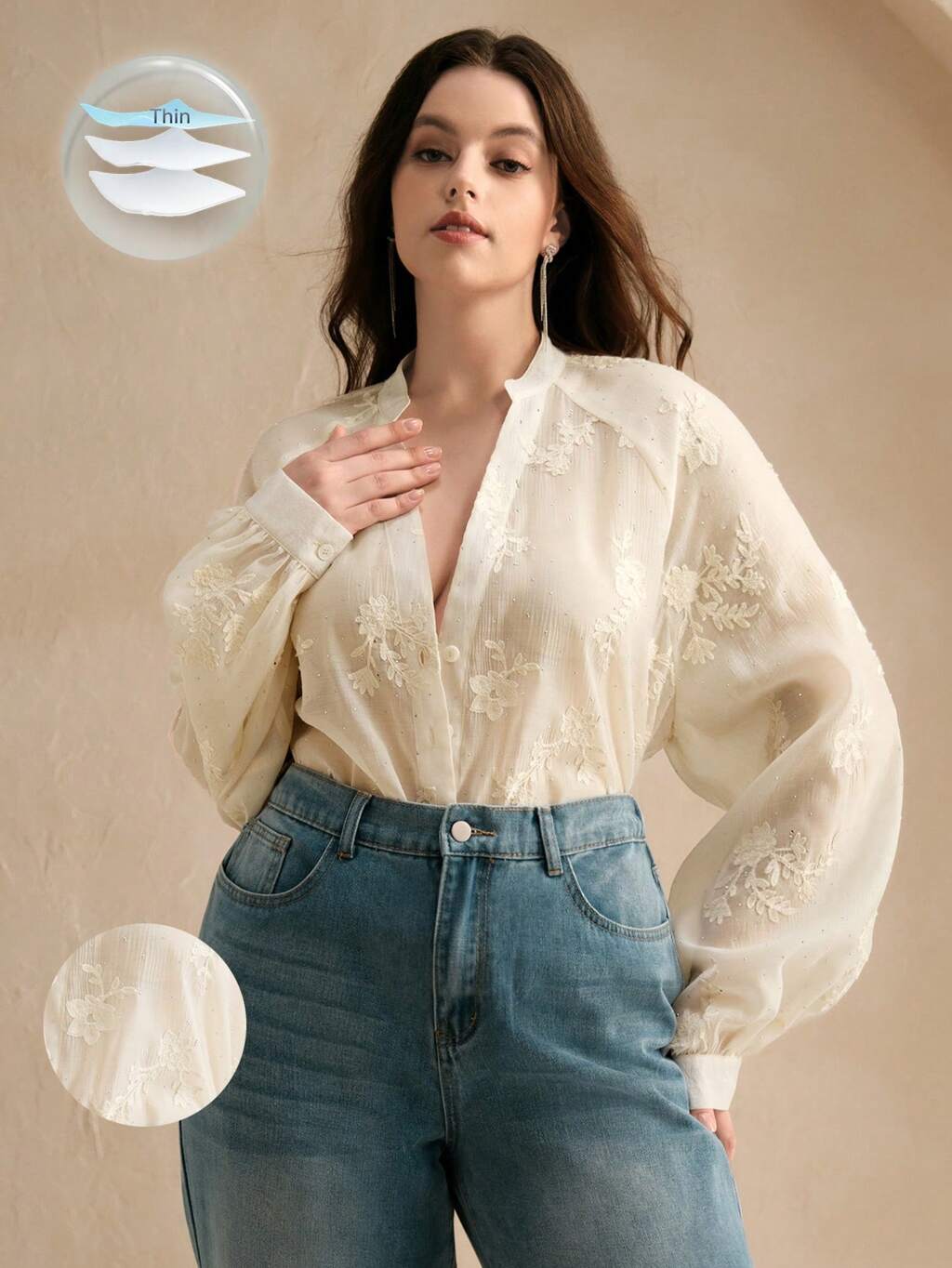 Plus Size Women Long Sleeve Stand Collar Embroidered Rhinestone Mesh Loose Blouse, Elegant Fashion Top Suitable For Valentine's Day, Vacation And New Year