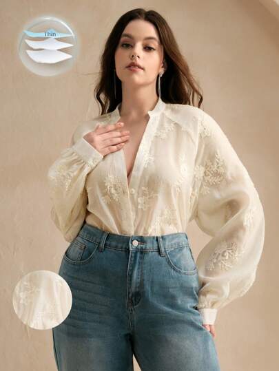 Anewsta 大码女式长袖立领刺绣水钻网眼宽松衬衫，优雅时尚上衣，适合情人节、度假和新年