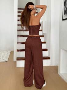 SHEIN EZwear Bộ 2 áo Bandeau màu trơn và quần ống rộng cho nữ, trang phục thường ngày - màu nâu - Xem 2