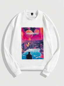 ROMWE MEN Street Life 男士休闲字母印花圆领长袖宽松T恤，秋季