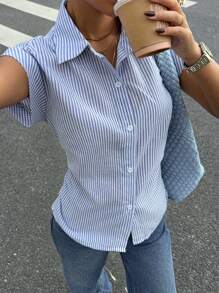 Siren Gaze 女式无袖宽肩带衬衫，基本款条纹盖袖纽扣衬衫，褶皱腰衬衫，条纹衬衫服饰，蓝白相间，衬衫 - 藍白色 - 查看 1
