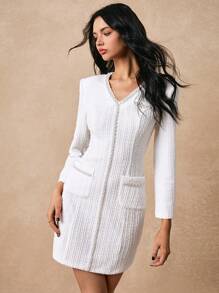 Poéselle Women Elegant Beads Embellished Short Casual Dress, Autumn