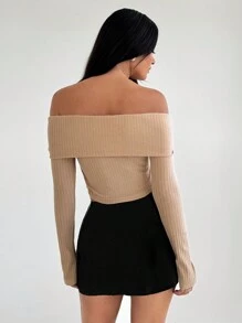 Aloruh Áo len dài tay màu trơn hở vai phong cách Mỹ cổ điển gợi cảm cho nữ, trang trí thắt lưng và nút, hàng mới về mùa thu/đông - Màu be - Xem 6