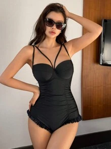 DAZY 1 bộ áo tắm liền thân dây chéo dành cho nữ, thích hợp cho kỳ nghỉ hè ở bãi biển hoặc du thuyền. - màu đen - Xem 7