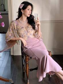 DAZY Middle & Long Ruched Square Collar Fish Tail Hem Patchwork Dress For Women, Suitable For Dates And Nights Out,Fall Dress Long Sleeve Dress Floral - Purple - View 7