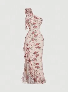 SHEIN MOD Đầm midi xếp nếp hai lớp xẻ cao họa tiết hoa đỏ 3D nền màu mơ cho nữ, thanh lịch - Nhiều màu - Xem 1