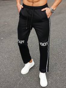 Manfinity Homme Calça de Moletom Casual Reta, Solta, com Estampa de Letras, Cordão de Ajuste na Cintura e Bolso com Zíper para Homens - Preto - Visão 7