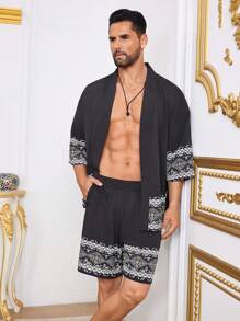 Manfinity Homme Set de 2 piezas para hombre de camisa abierta con estampado geométrico y pantalones cortos sueltos