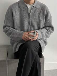 DAZY Men's Solid Color Zip-Up Cardigan, Casual & Fashionable For Everyday Wear Jacket Fall,Winter - Grey - View 6