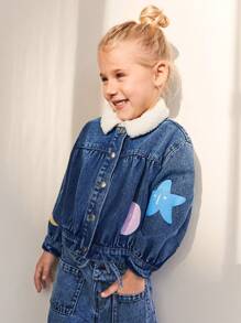 Maija Kids Maija Kids Young Girls Blue Star & Moon Print Plush Collar Patchwork Casual Denim Jackets & Coats, Warm For Autumn & Winter - Blue - View 6