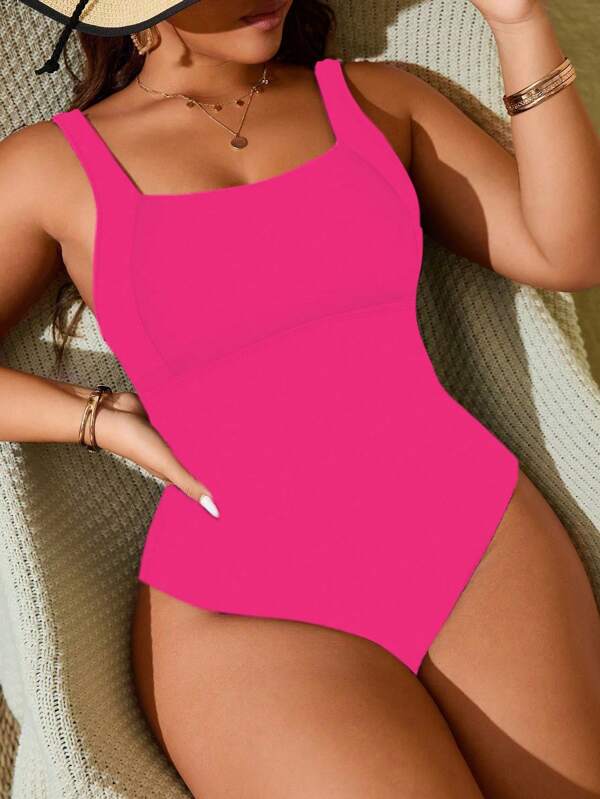 Swim Lushoire Plus Size Women Solid Color Simple Basic One-Piece Sleeveless Swimsuit, Casual Vacation Summer