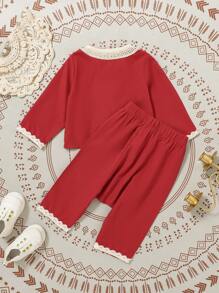 SHEIN Baby Boy Contrast Lace Long Sleeve Top And Pants Casual Outfit Set