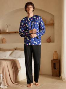 Men's Long Sleeve Casual Pajama Top, Minimalist And Fashion For Daily Wear - Blue - View 2