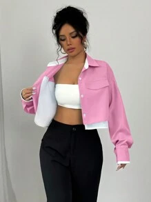 SHEIN Unity 新款女式梭织长袖撞色设计仿面料撞色小细节开前口袋带袖开叉短衬衫，时尚通勤商务办公衬衫，休闲宽松舒适秋冬优雅都市 - 粉色 - 查看 8