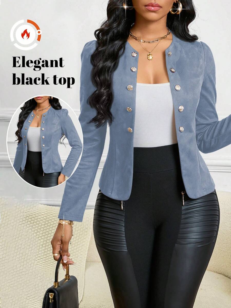 SHEIN Lady 四季/服装/秋冬绒面纽扣细节开襟夹克 - 霧霾藍 - 查看 1