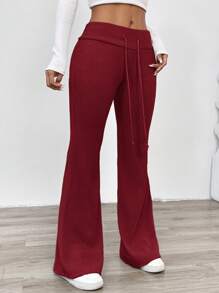 SHEIN EZwear Casual Solid Color Knitted Low Waist Flare Leg Fitted Pants For Women