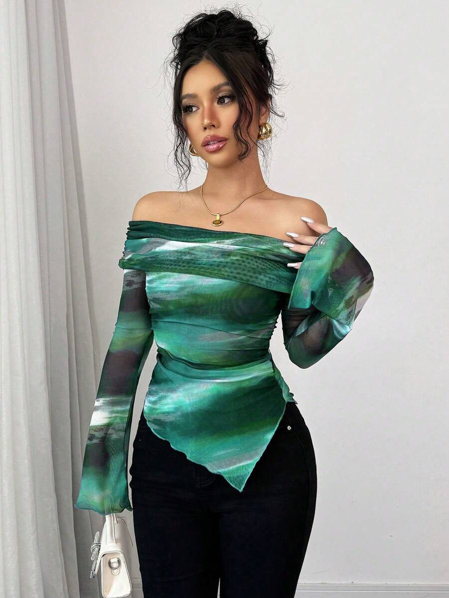 Elenzga Women's Off Shoulder Long Sleeve Split Hem Casual T-Shirt, Minimalist Daily Wear - Green - View 1