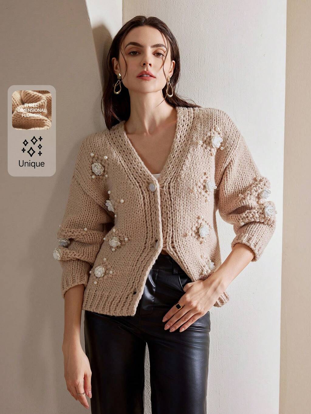 3Dパール&フラワーデコレーション Vネック 長袖カーディガン、エレガントな ニットカーディガン、新年向け レディース