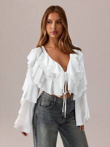 SHEIN SXY Áo trắng lãng mạn; Quần áo nữ đi nghỉ xuân hè; Áo crop top; Quần áo lễ hội, tiệc tùng, áo sơ mi dài tay gợi cảm cổ chữ V sâu, dây đeo lá sen xuyên thấu dành cho nữ - trắng - Xem 4