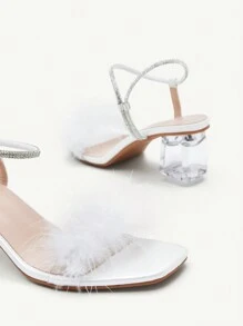 CUCCOO CHICEST Women's Sequined Feather Decor Transparent Chunky Heel Sandals, Elegant Glamorous Sexy Fashion White PVC High Heels For Dress, Bridesmaids, Date, Party, Wedding, Holiday, Nightclub - White - View 7