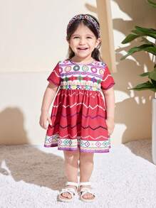 SHEIN Baby Girl Cute Geometric Print Short Sleeve Dress, Summer - Multicolor - View 7