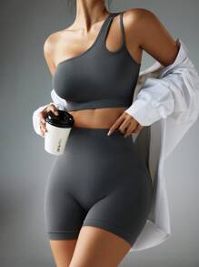 Easithlete Bộ đồ thể thao tập luyện cho nữ, áo ngực hở lưng không tay màu trơn & quần legging ngắn liền mạch - Màu xám đen - Xem 6