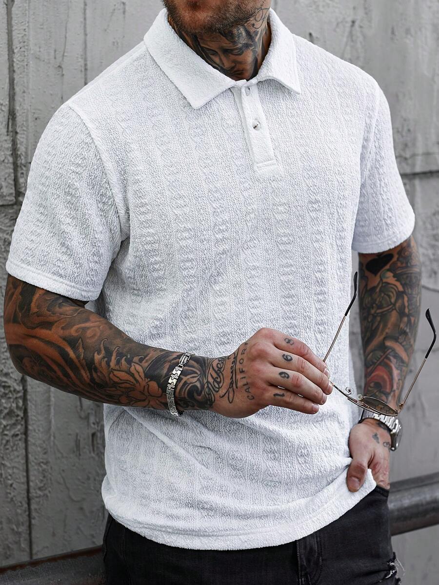 Manfinity Homme Men's Textured Pattern White Short Sleeve Casual Polo Shirt - White - View 1
