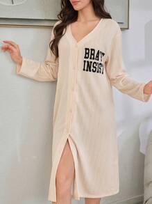Letter Print Casual Jacquard Open Front Long Sleeve Bathrobe