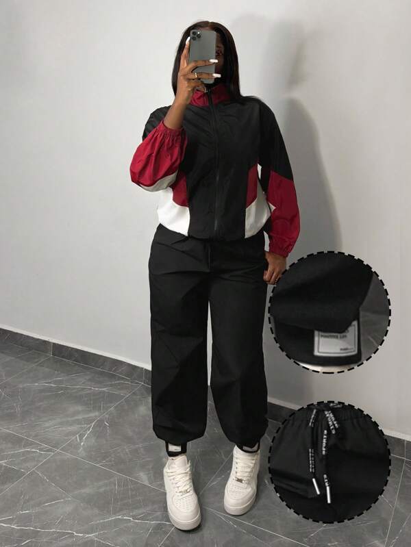 Slaydiva Autumn And Winter New Casual Simple Elastic High-Waisted Ankle Hook And Loop Stamp Decorated Windbreaker Trousers Straight-Leg Trousers Leggings Women's Pants-A
