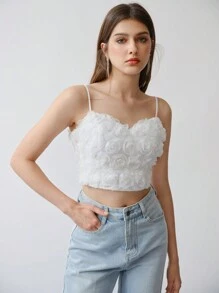 MOTF STUDIO Top corto de tela de malla con parches de flores