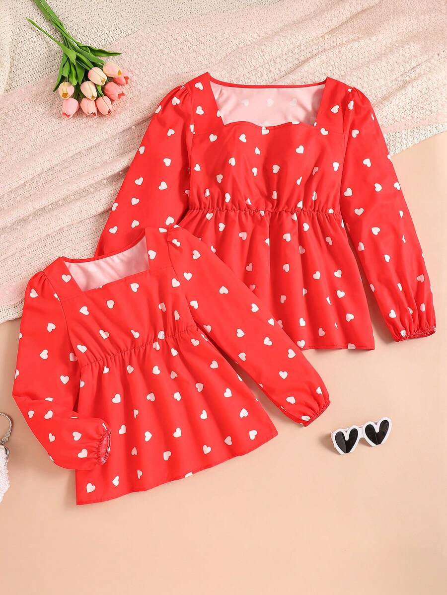 SHEIN Áo babydoll tay dài cổ vuông in hình trái tim màu đỏ thanh lịch dành cho bé gái tuổi teen, kiểu dáng gia đình (2 chiếc bán riêng lẻ) - Đỏ - Xem 1