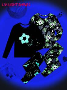 SHEIN Conjunto de pijama de 4 piezas para niño preadolescente con top de manga larga raglán con gráfico de fútbol fluorescente de cuello redondo y pantalones ajustados y cómodos