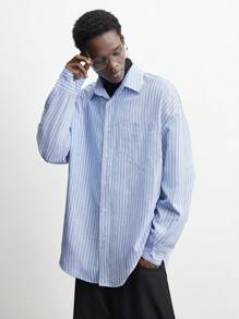 Maija 男士 2025 春季新款蓝色纽扣前衬衫领多功能袖口长袖口袋条纹简约休闲上衣，时尚百搭，适合情人节约会、节日、新年派对、日常休闲、旅行