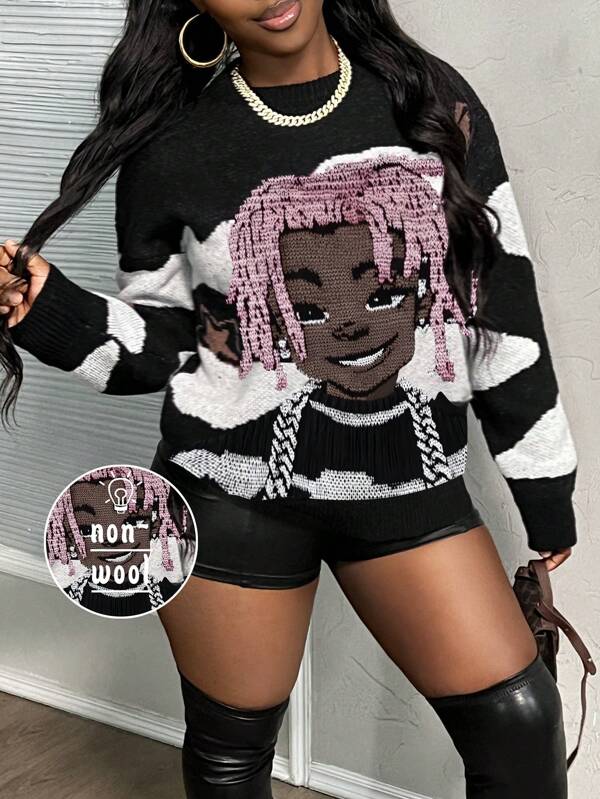 Slaydiva Plus Size Casual Minimalist Plus Size Cartoon Street Fashion Print Pullover Sweatshirt, Suitable For Autumn/Winter