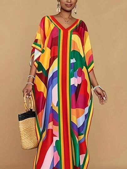 Women Plus Size V-Neck Short Sleeve Floral Print Casual Dress, Modest Kaftan